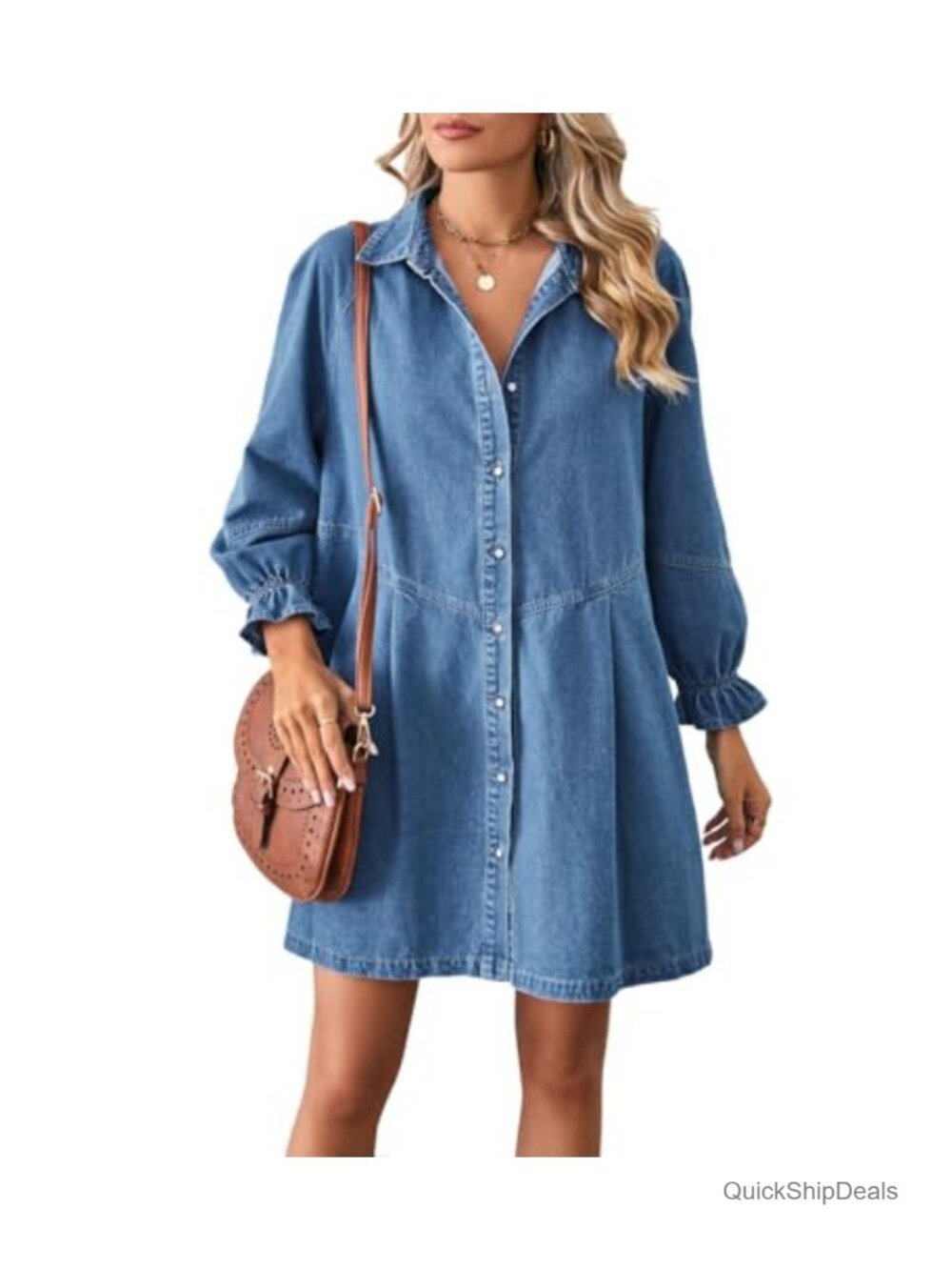 Women's Button Down Denim Shirt Dress Lantern Sleeve Tiered Babydoll Mini